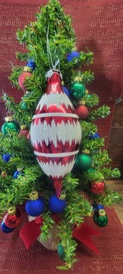 Marshall Field's Blown Glass Finial w/ White Gitter Snow Christmas Ornament