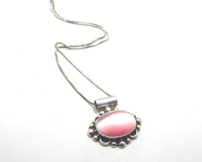 Vintage Sterling Silver Long Chunky Pink Cats Cat Eye Stone Necklace Ornate