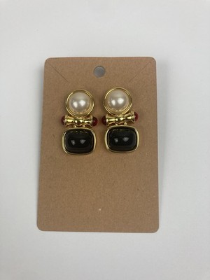 Joan Rivers Pierced Earrings Door Knocker Black, Red & Faux Pearl Vintage Signed