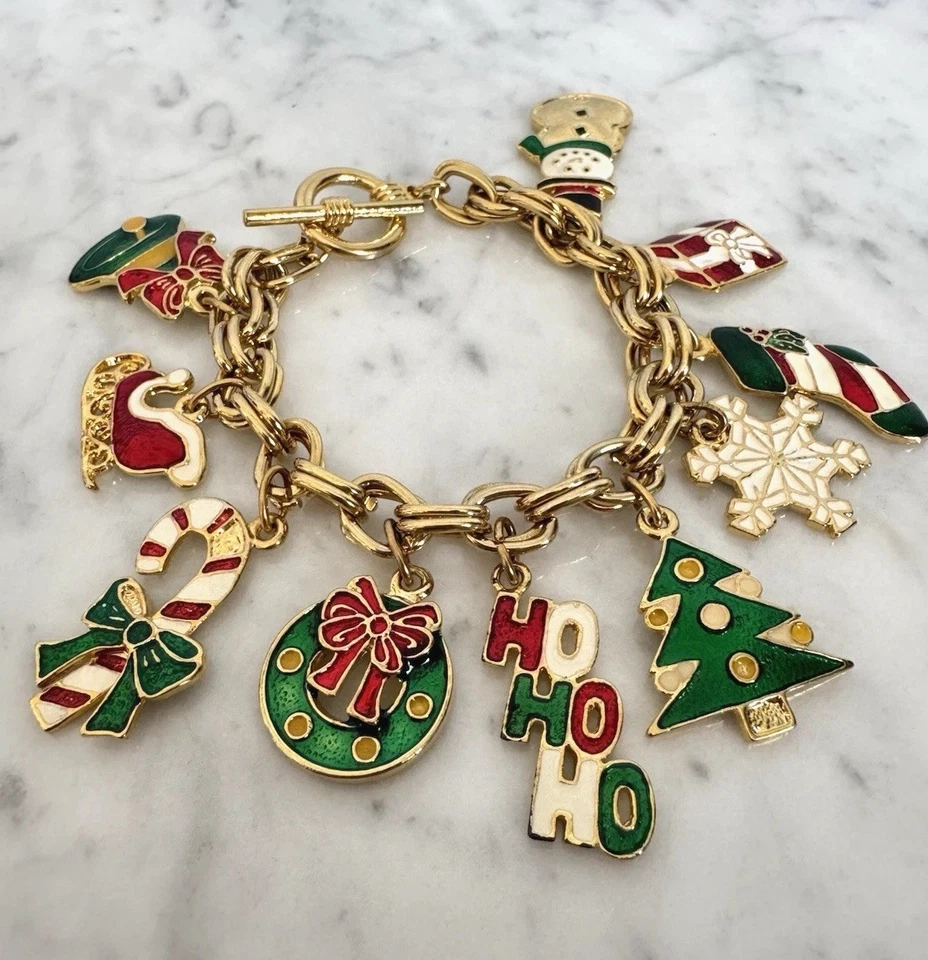 Brazalete de 7" con cadena de doble eslabón tono dorado esmalte rojo/verde tema navideño Foto 3 de 4