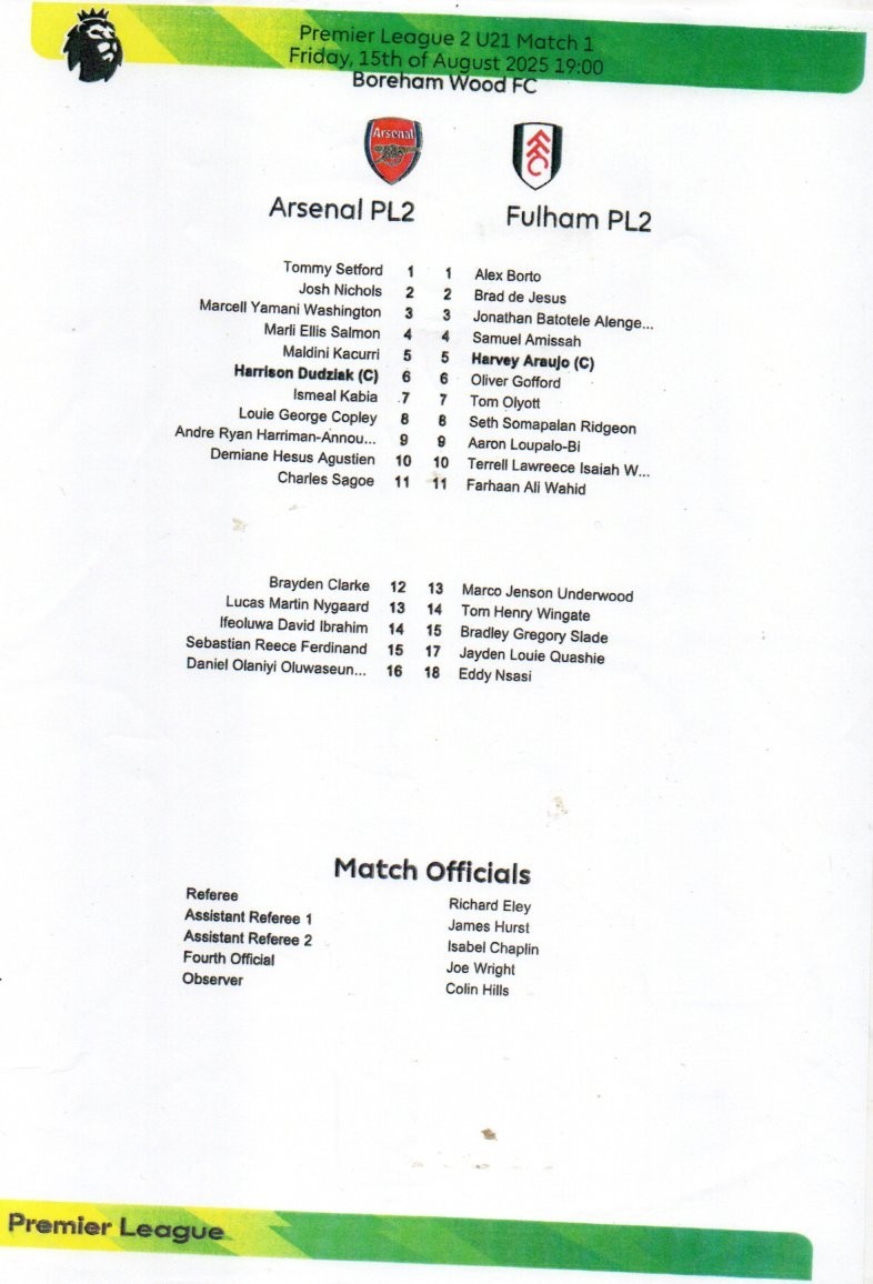 ARSENAL U21 V FULHAM U21 25/26 @ BOREHAM WOOD FC for sale on Ebay