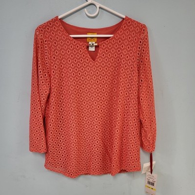 Ruby Rd Top Sz M Coral Orange Long Sleeve Pullover Lined See Through NWT $55.00