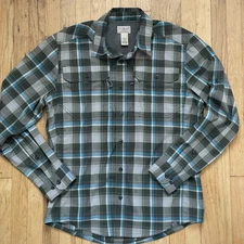 L L Bean Sz M Reg Grey/Green/Teal Plaid Polyester Vented Camp Shirt