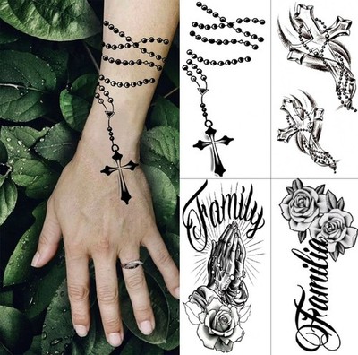 4 Sheets Hand Pray Family Fake Tattoo Cross Bracelet Stickers Tattoo Men Women