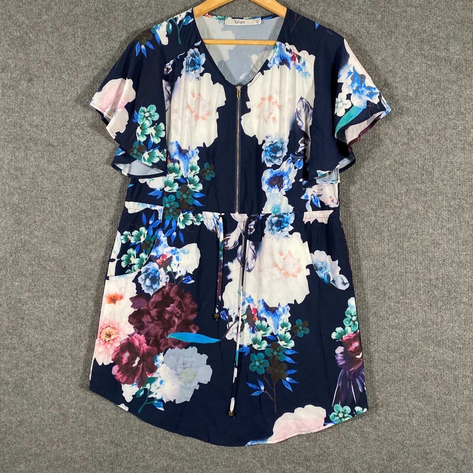 Tulips Dress Womens 8 Blue Pink A Line Mini Front Zip Flowers Cocktail Formal L6