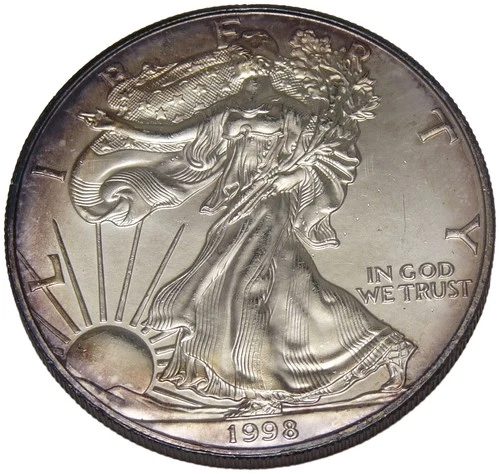 1998 American Silver Eagle 1 oz .999 Fine Silver Dollar Coin Toned