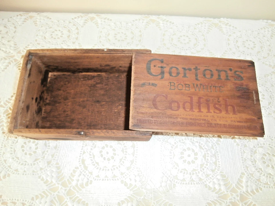 Старинный Gorton's Bob белый трески деревянная коробка ~ реклама ~ ласточкин хвост ~ деревенский - Изображение 3 из 4