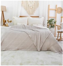 Luxury Waffle Throw Blanket 100% Organic Cotton Superking Bedspread Taupe/Beige