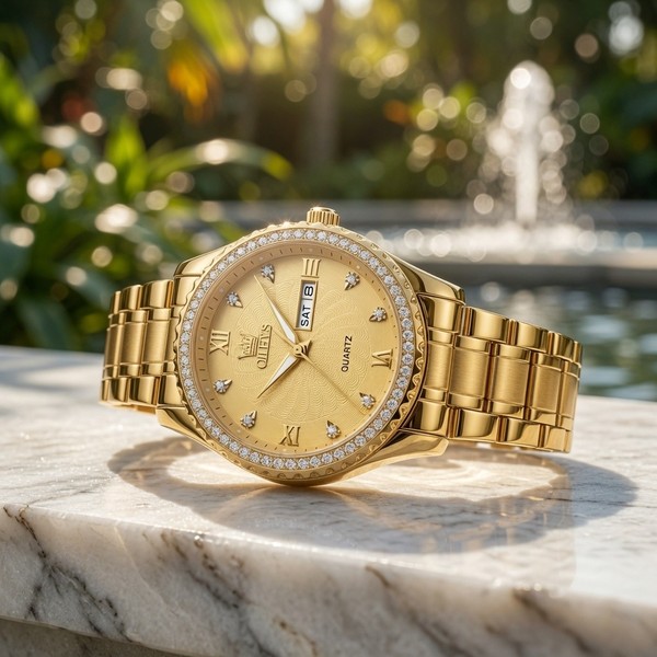 Reloj Clásico de Lujo para Hombre Dorado con Cristal y Acero Inoxidable Cuarzo Redondo
