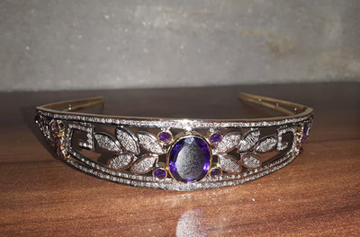 Antique 12.40Ct Diamond & Amethyst Princess Hair Band Tiara 18K Yellow Gold Over