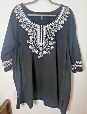 Black Embellished Pullover Top Scoop Neck Tunic Sz 3X 100% Cotton Woman Within