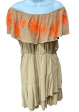 Cato Dress Womens M Orange Tan Embroidered Peasant BOHO Hippie Flowy Smock