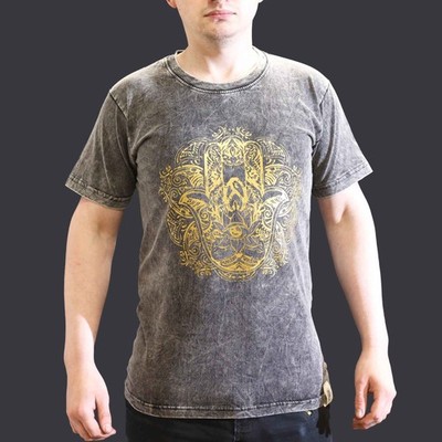 Nomad Sari Stonewashed Cotton T-Shirt   Hamsa   Dark Grey   Small