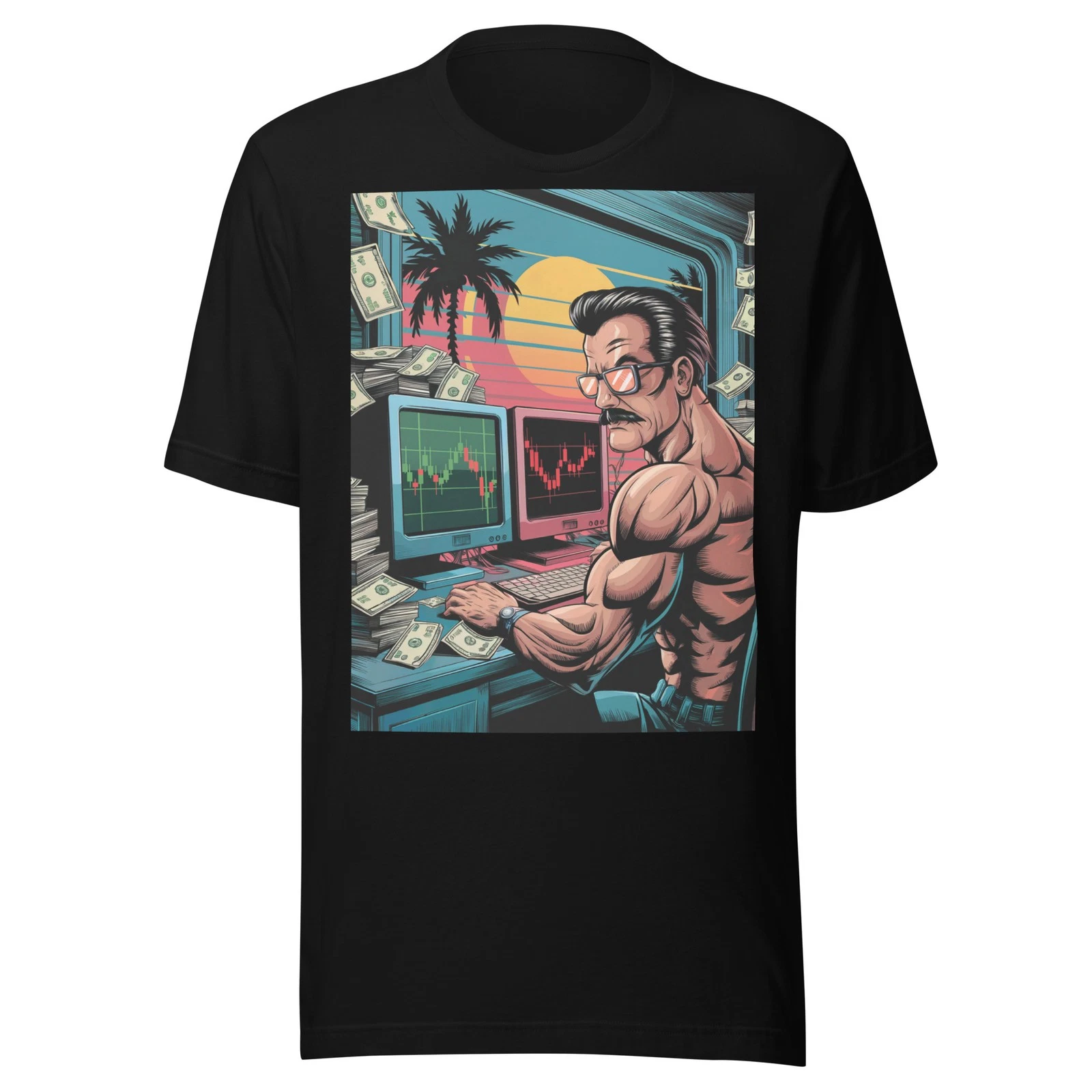 Mexican Bodybuilder Day Trading Forex Summer Sunset XRP Crypto Stocks T-Shirt