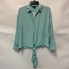 INC Womens Petite PS Pastel Cloud Teal Collared Button Up Tie Front Top NWT BX63