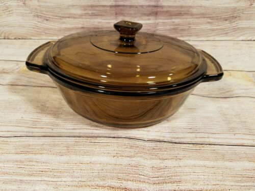 Anchor Ovenware CASSEROLE DISH Brown Amber Glass 1.5 QT With Lid Round 1037 EUC