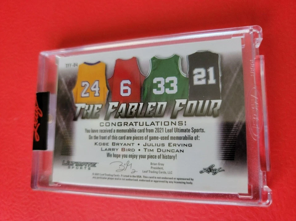 KOBE BRYANT LARRY BIRD TIM DUNCAN DR J 4 GAME USED JERSEY CARD #d1/4 ULTIMATE - Image 2 of 3
