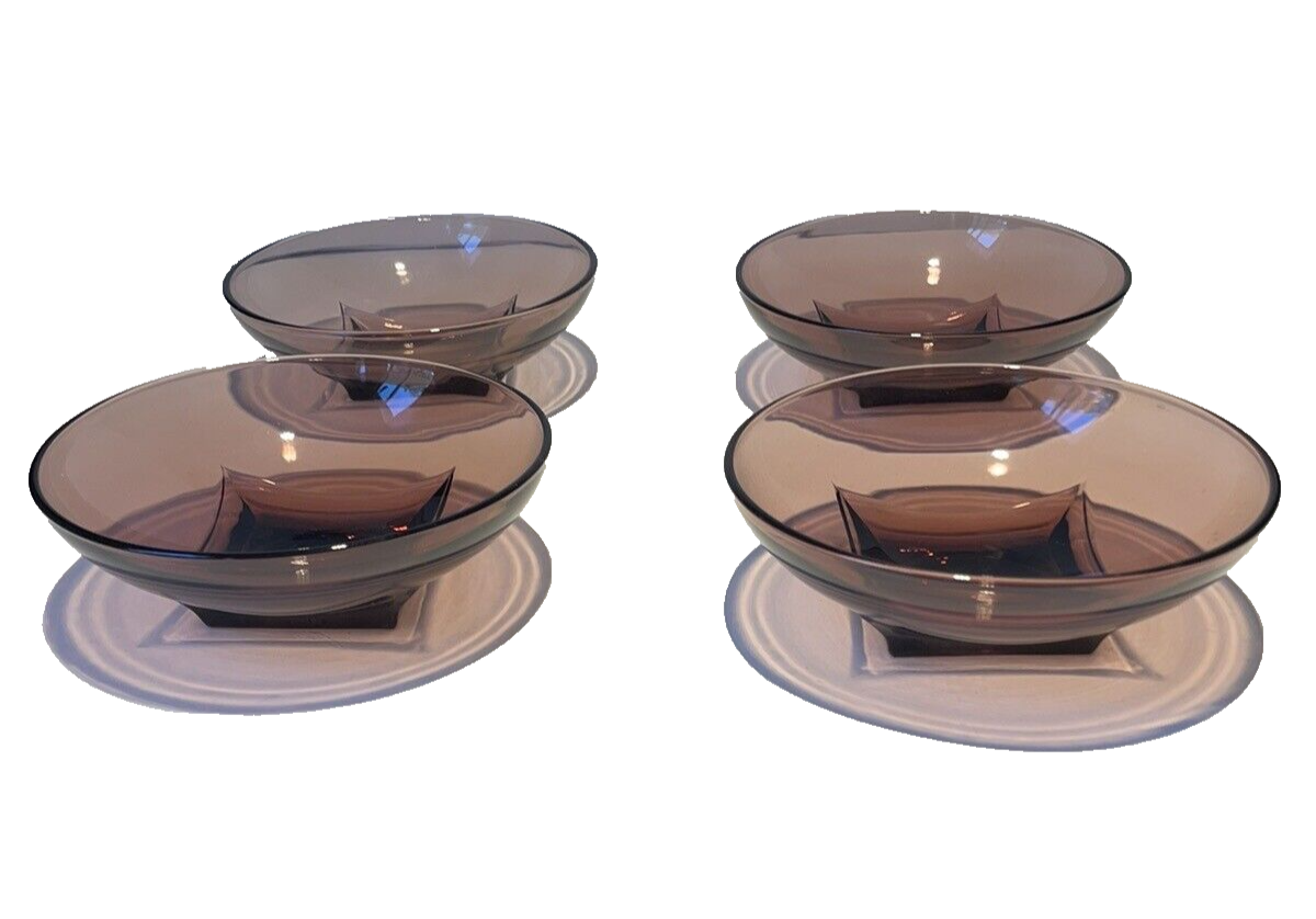 Vintage Hazel Atlas Moroccan Amethyst Glass Salad Bowls w Plates Square