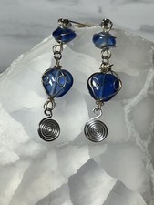 Blue Glass Drop Wire Wrapped Earrings - Blue Earrings - Wire Wrap - Handcraft