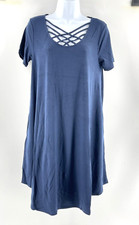 NWT Zenana Premium Blue Strap Neck Short Sleeve Stretch T Shirt Dress Pockets M
