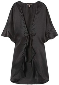 Victoria's Secret Sexy Satin Kimono Black Ruffle Graphic Robe One Size NWT