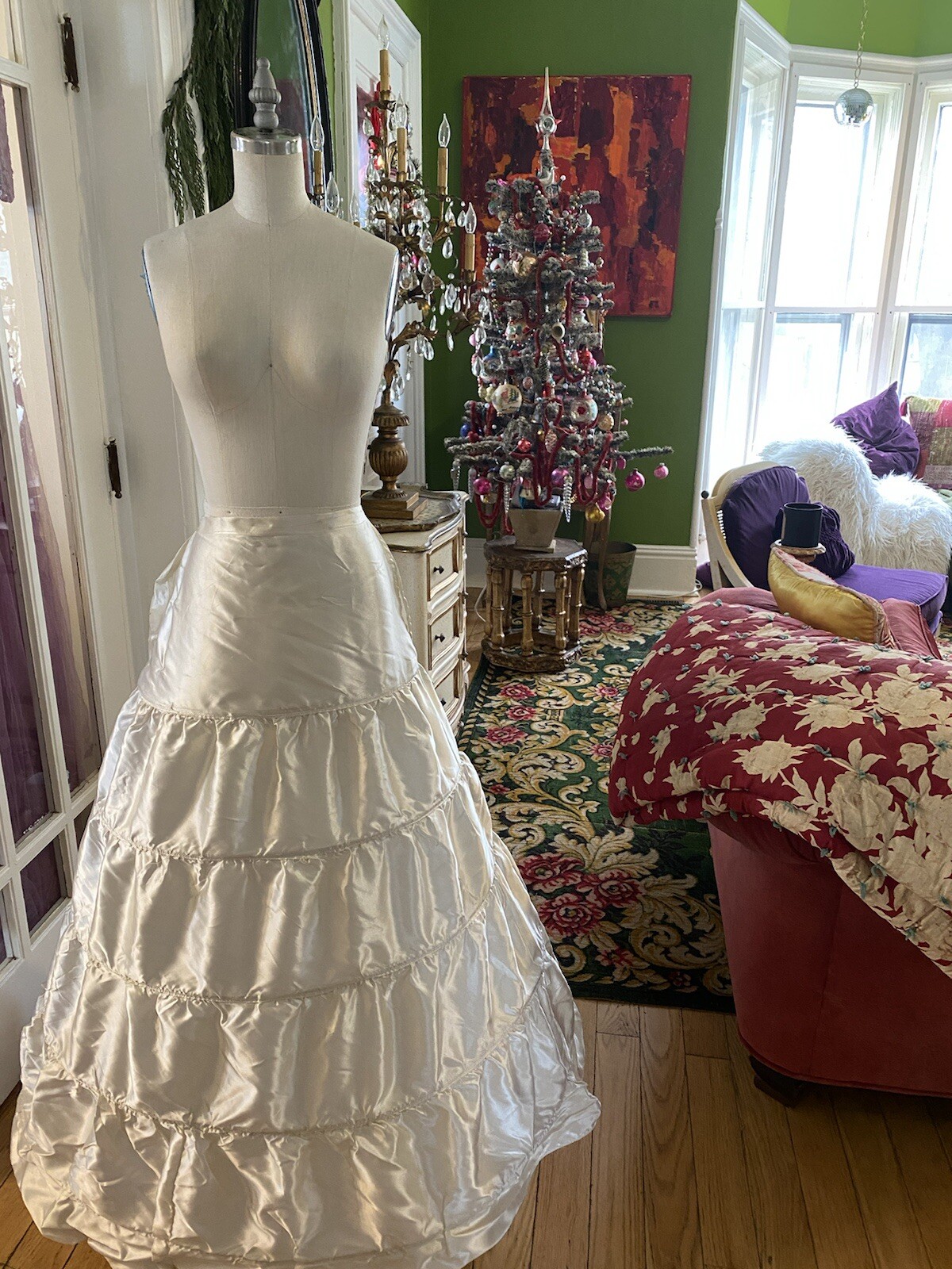 Vintage Hoop Skirt Crinoline Cream Satin Ruched Layer… Gem