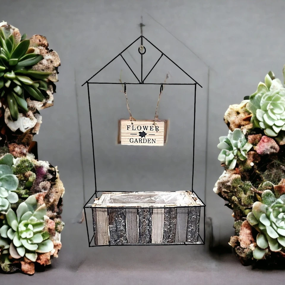 Rustic Wooden Wall Planter with Metal Frame & Sign – 30x47cm Flower Garden Decor - Image 3 of 4