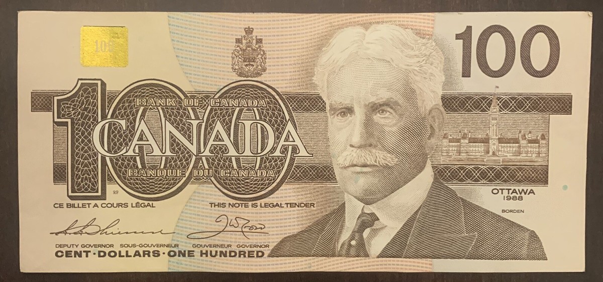 カナダ　$100 一枚 1988 Canadian 100$ One Hundred Dollar Banknote Bank Of Canada AJZ