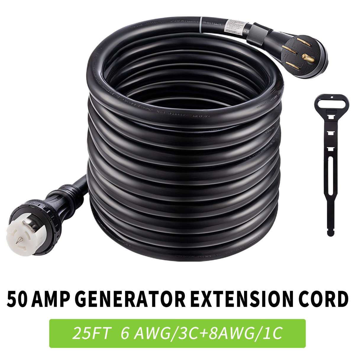 50 Amp RV Extension Cord With Locking Connectors – 14-50P To SS2-50R, 6/3+8/1 AWG, ETL Listed, With Power Light & Organizer
