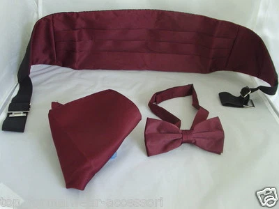 ESSENTIALS BY MANUEL Special Xmas Deal-Burgundy Wine Mens Polyester Bow tie + Cummerbund & Hankie Set