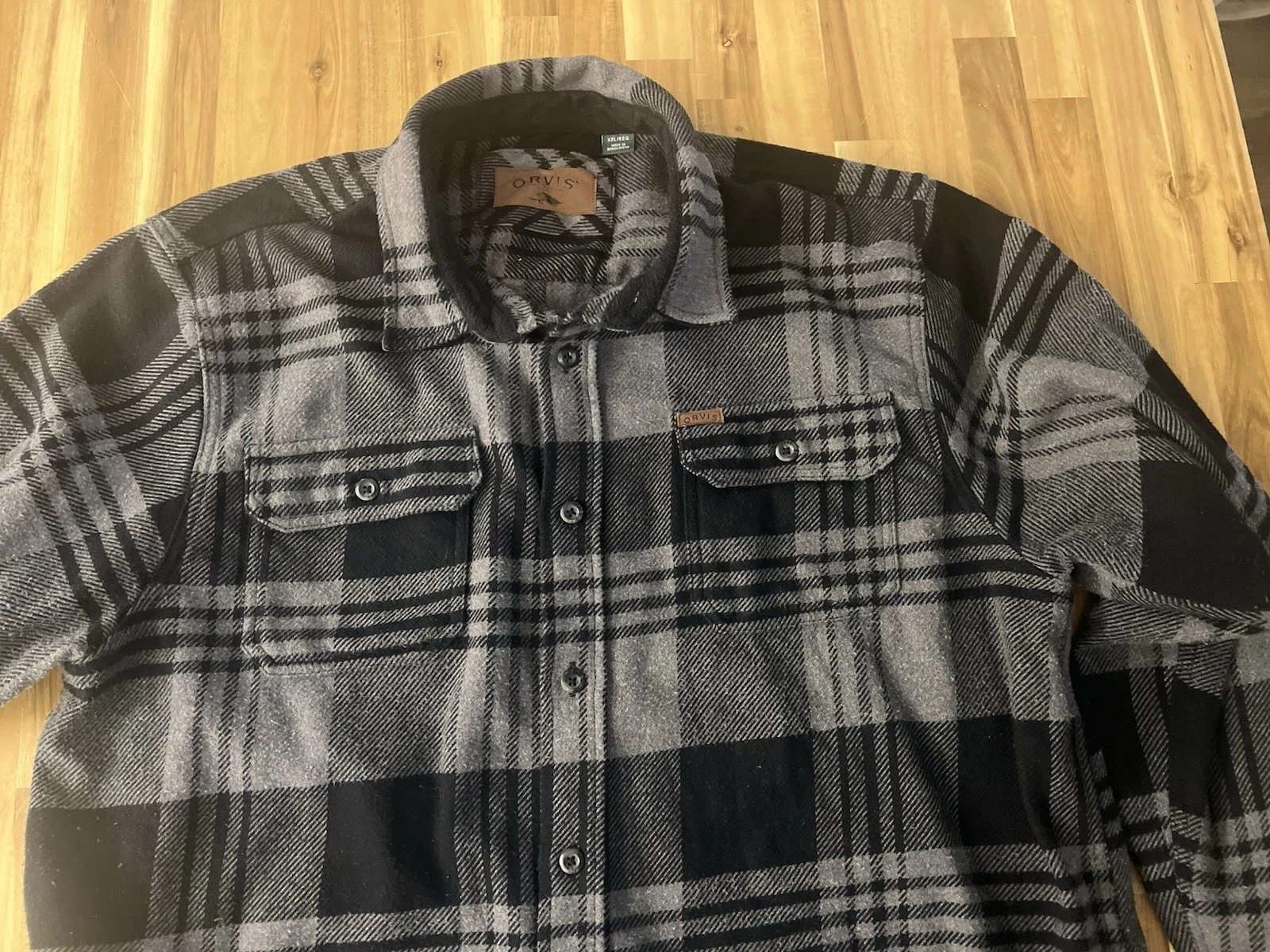 Orvis Flannel Shirt Mens Size 2XL Black Gray Plaid Outdoors Warmth Work