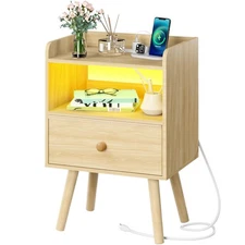 Nightstand with Charging Station, Modern Night Stand with Lights, Wood Nights...