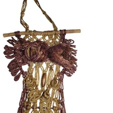 Vintage Macrame Owl Wall Hanging Jute Fiber Art Wood Beads Boho 70s Decor Brown