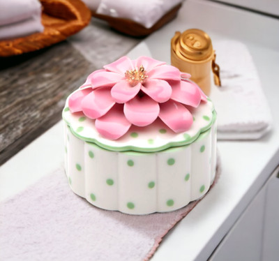 Ceramic Dotted Jewelry Box with Pink Flower, Home Décor, Gift for Her, Gift for