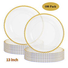 100pcs Clear Charger Plates 13" Plastic Round Dinner Plates w/ Beaded Rim Decor