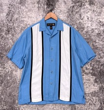 Nat Nast Silk Bowling Shirt Medium Mens Blue Camp Collar Button Down