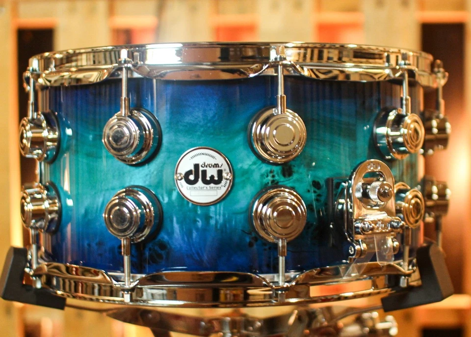 DW 7x14 Collector's Maple VLT Blue Burst over Mapa Burl Snare Drum - SO#1407182 - Image 2 of 4