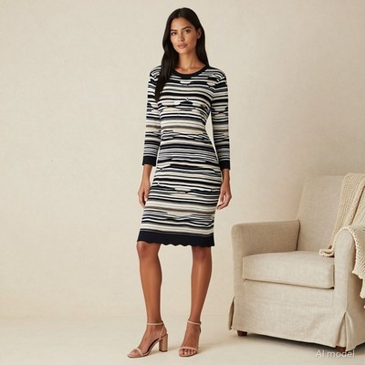 Karen Millen Elegant Maritim Knielang Strickkleid Mehrfarbig Gestreift Langarm L