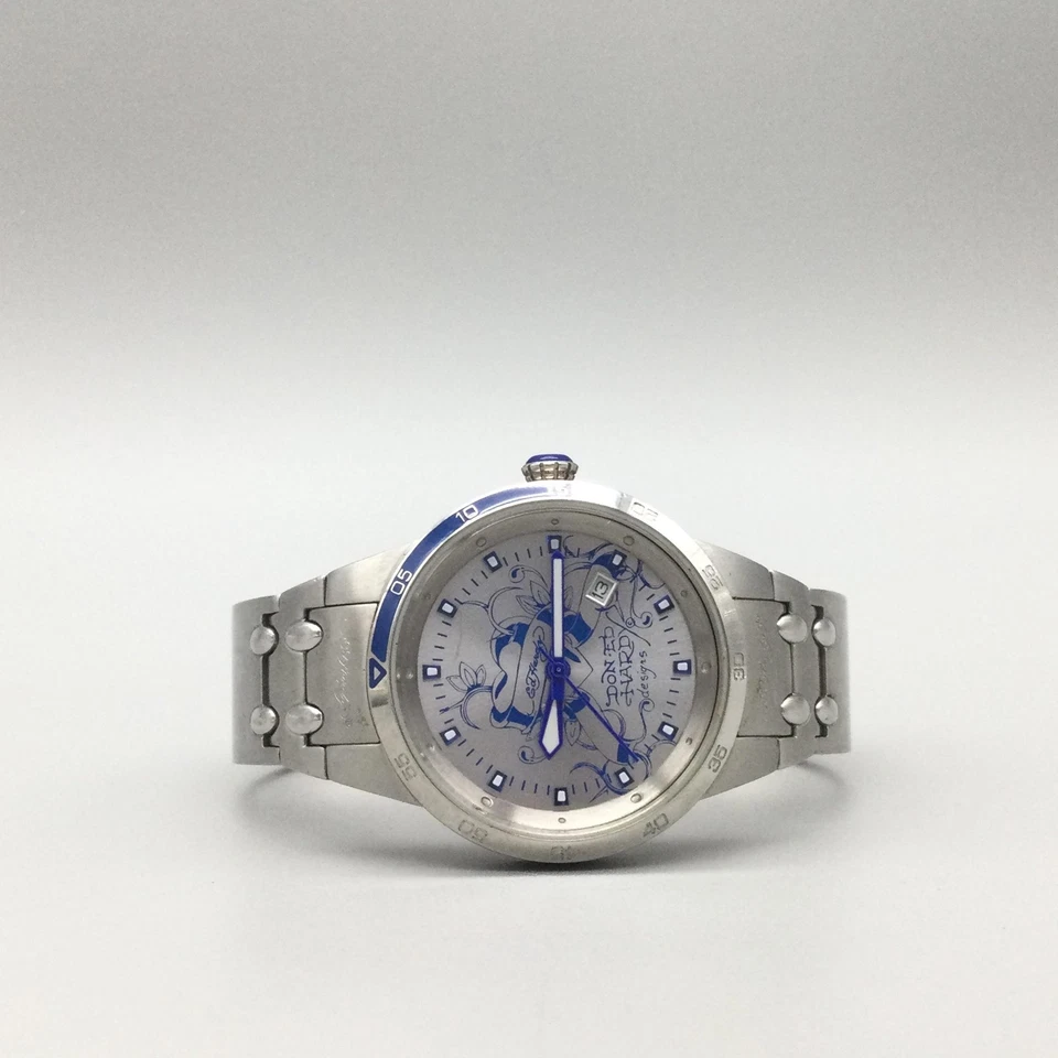 Ed Hardy Watch Mens 38mm Stainless Steel Blue Date CASSF0828 New Battery 7.25" - Image 4 of 4