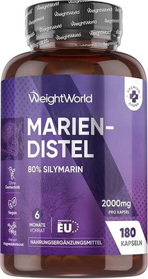 WWORLD Mariendistel Kapseln 2000mg -mit 80% Silymarin, 180 Vegane Stk, 6 Monate Vorrat