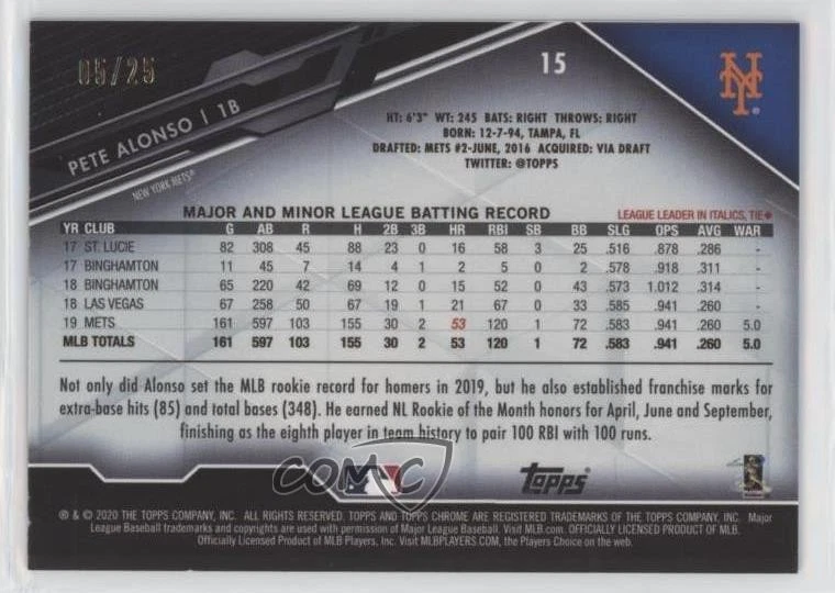 2020 Topps Chrome Black Orange Refractor /25 Pete Alonso #15 - Image 2 of 2