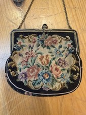 Antique Handmade Victorian Petit Point Needlepoint Brass Purse/Clutch/Hand Bag