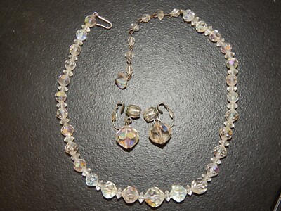 Vintage AB Faceted Crystal Bead Set: Necklace, Earrings
