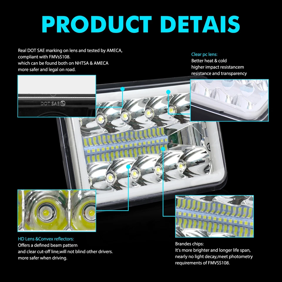 For Kenworth W900 T800 Peterbilt 357 379 378 4pcs 4x6" LED Headlights Hi/Lo DRL - Image 3 of 4