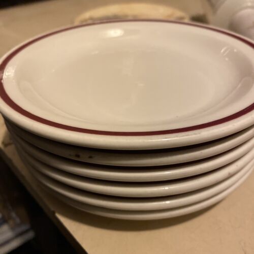 SET 6 Vintage Buffalo China Restaurant Ware Dessert Plate #207 Red Stipe 6” - Afbeelding 1 van 4