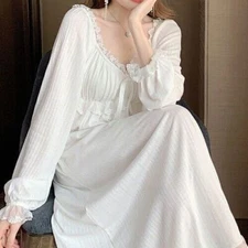 Womens Vintage Cotton Nightgown Long Sleeve Night Dress Loose White Nightdress