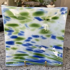 HANDMADE FUSED ART GLASS PLATE TRINKET DISH SQUARE Blue Green 8.25"X 8.25"