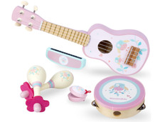 Wooden Musical Instruments Toys with Ukulele, Tambourine, Harmonica. Free Ship