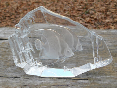 7.5'' Etched Lead Crystal Carved Glass Signed Mats Johasson Sweeden Angel Fish