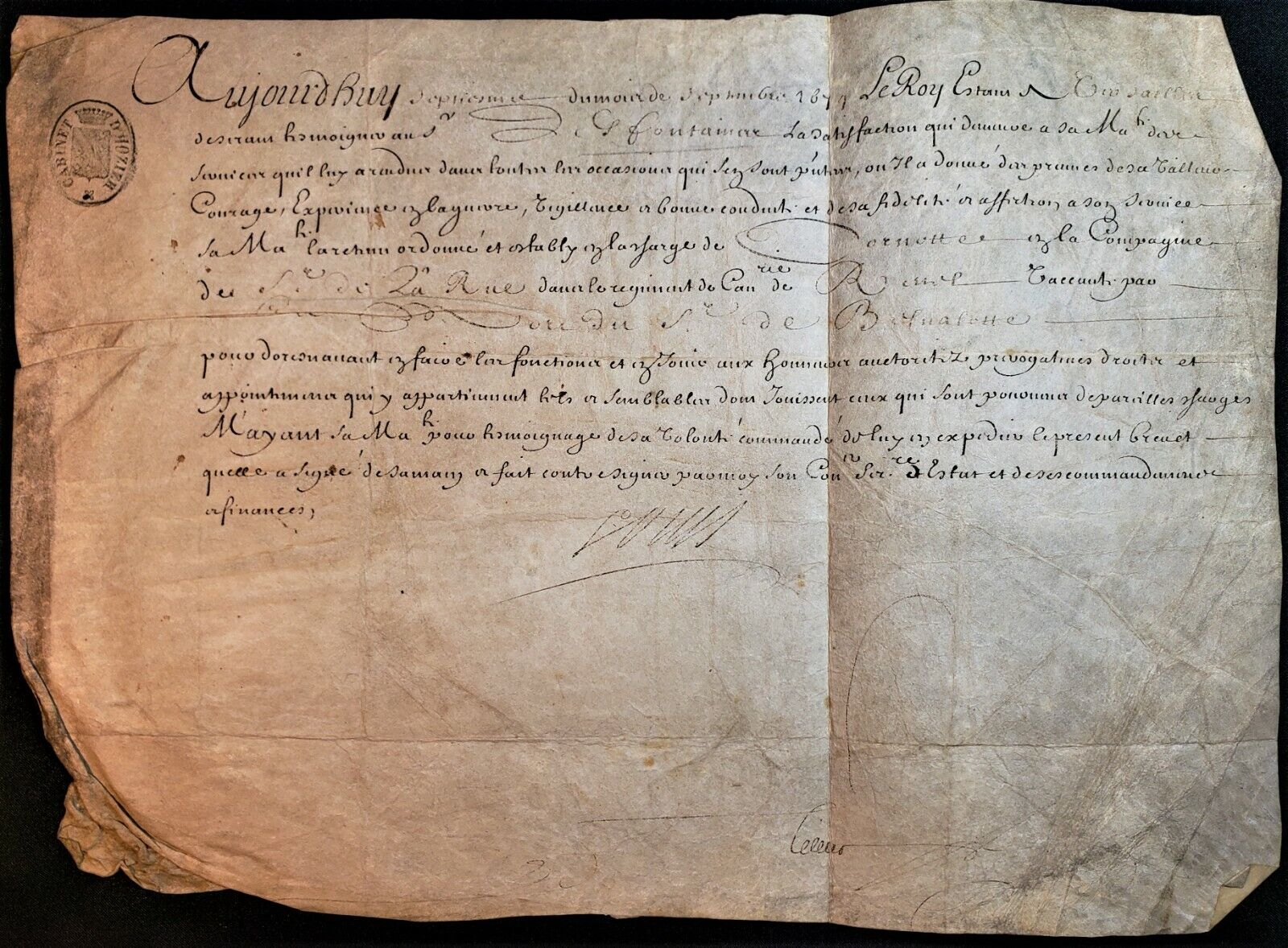 KING LOUIS XIV SIGNED PATENT FOR CORNETT LIEUTENANT 1674 König von Frankreich